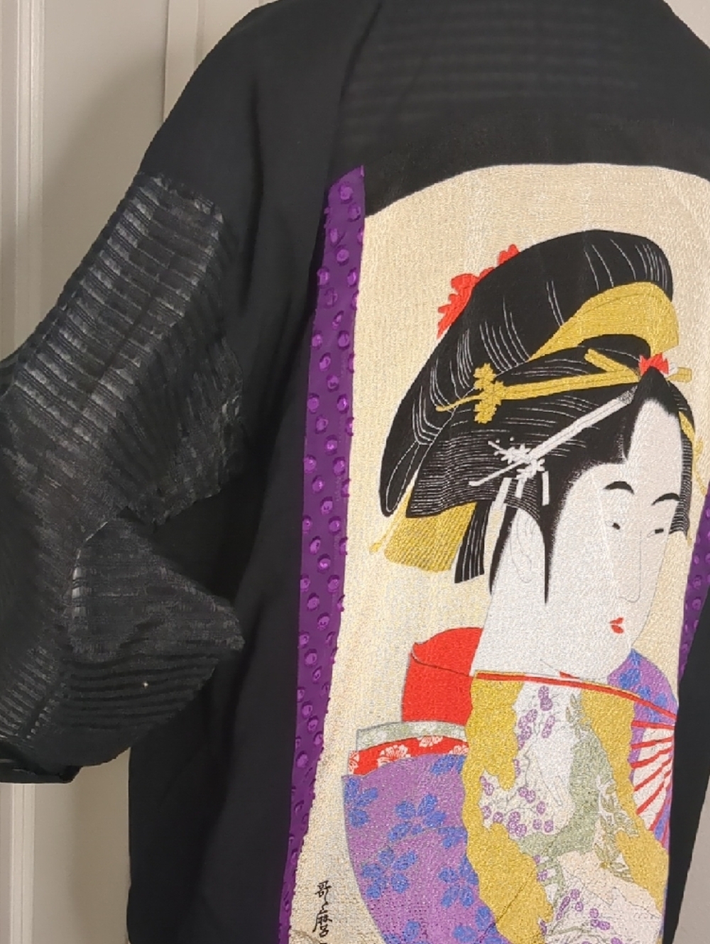 Ukiyoe Utamaro Black Open-Front Kimono Japanese Geisha Girl - Picture 4 of 14